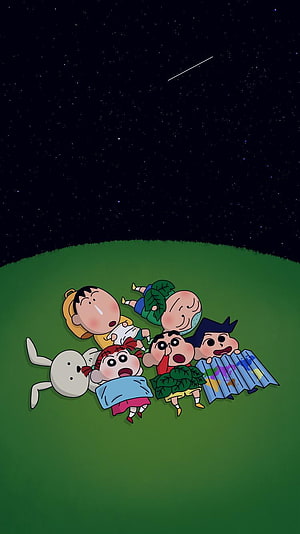 Crayon Shin-chan and friends stargazing on grass under night sky HD phone wallpaper