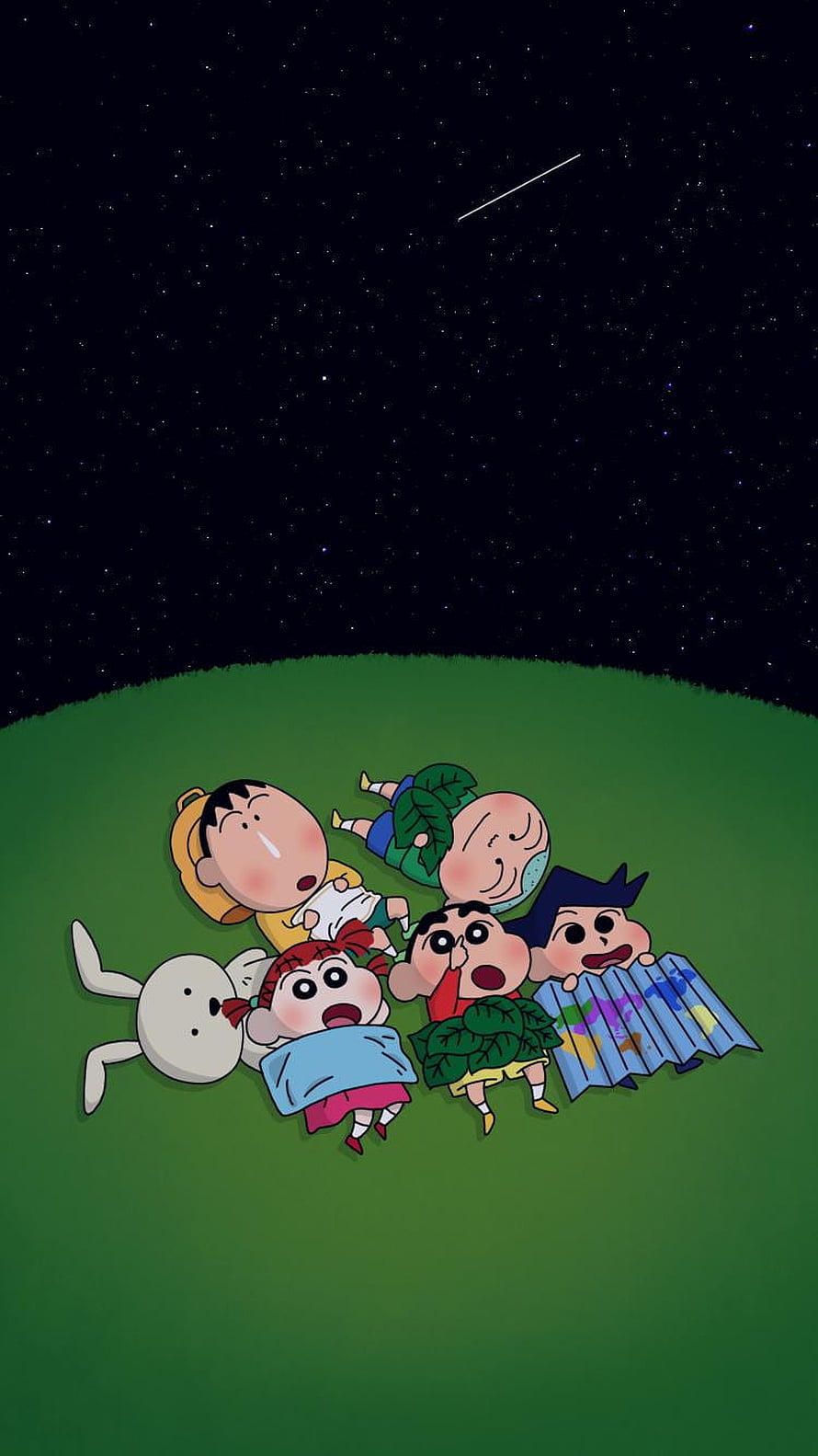 Crayon Shin-chan and friends stargazing on grass under night sky HD phone wallpaper