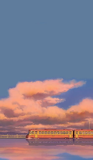 Spirited Away Train Scene with Pink Sunset Clouds and Water Reflection HD phone wallpaper