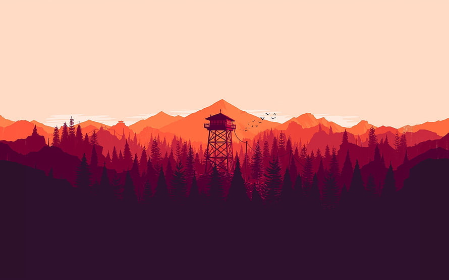 Sunset Fire Lookout Tower in Pine Forest with Mountains HD wallpaper