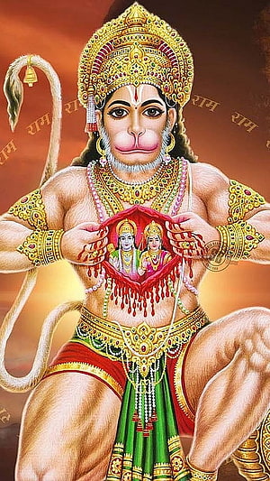 Hanuman Devotional Portrait Holding Ram and Sita in Sacred Cloth, Hanuman, Shree Ram, Shree Sita HD phone wallpaper