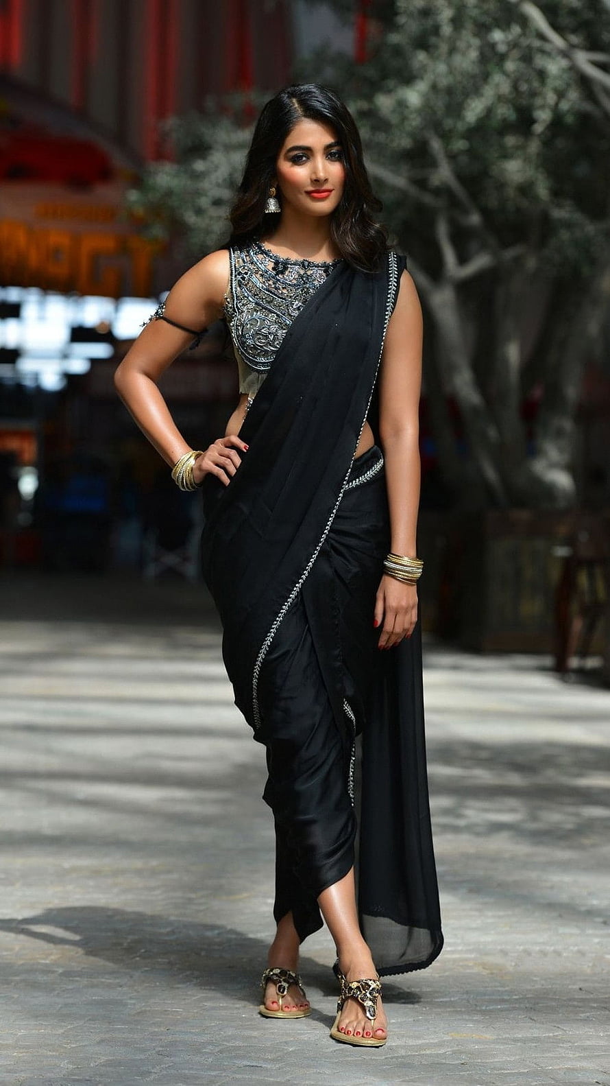 Pooja Hegde in a Black Saree with Silver Embroidered Blouse HD phone wallpaper