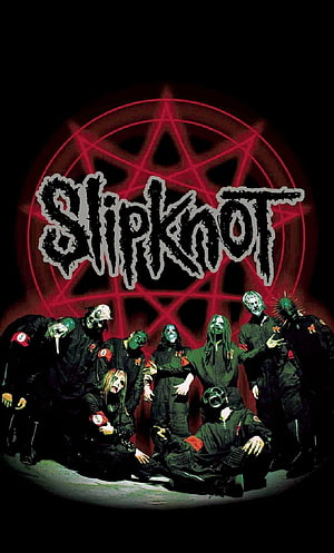 Slipknot Band Members in Masks with Red Pentagram Logo on Black Background HD phone wallpaper