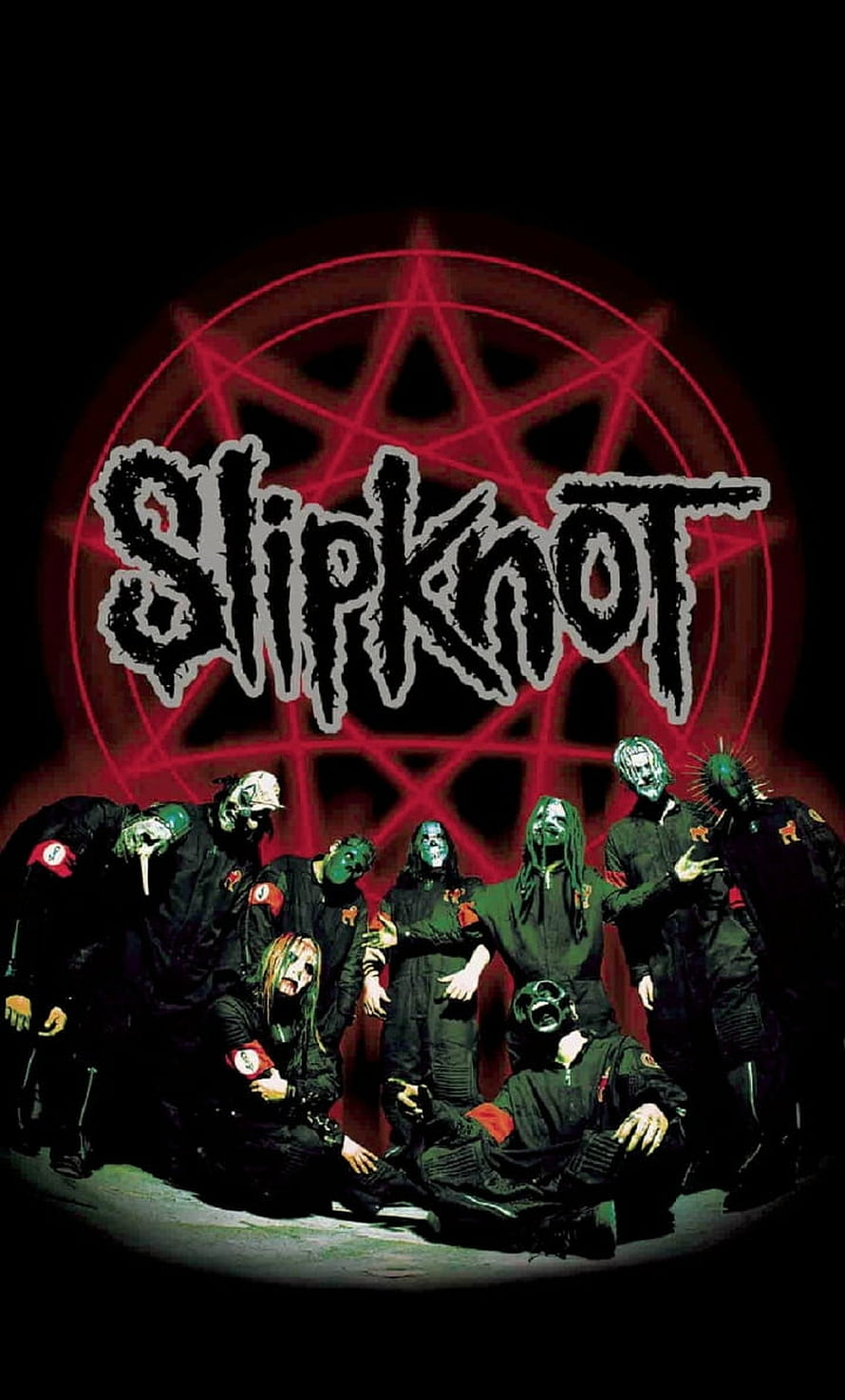 Slipknot Band Members in Masks with Red Pentagram Logo on Black Background HD phone wallpaper