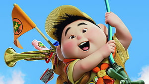Russell from Pixar's Up 3D Animated Character Climbing with Balloon Gear and Flag HD wallpaper