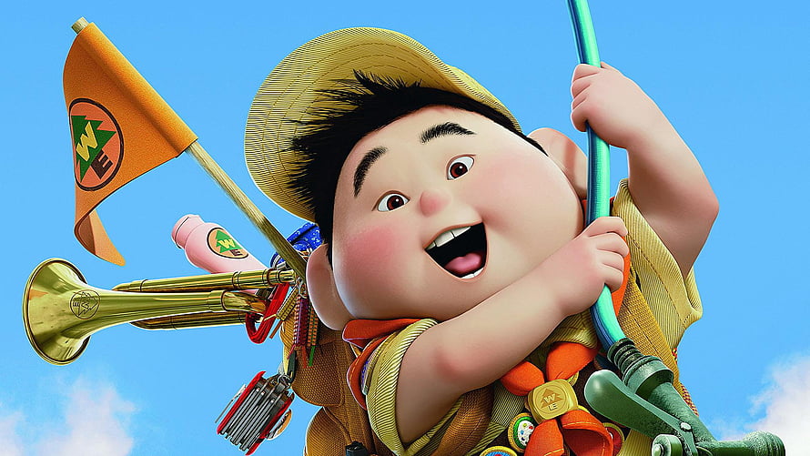 Russell from Pixar's Up 3D Animated Character Climbing with Balloon Gear and Flag HD wallpaper