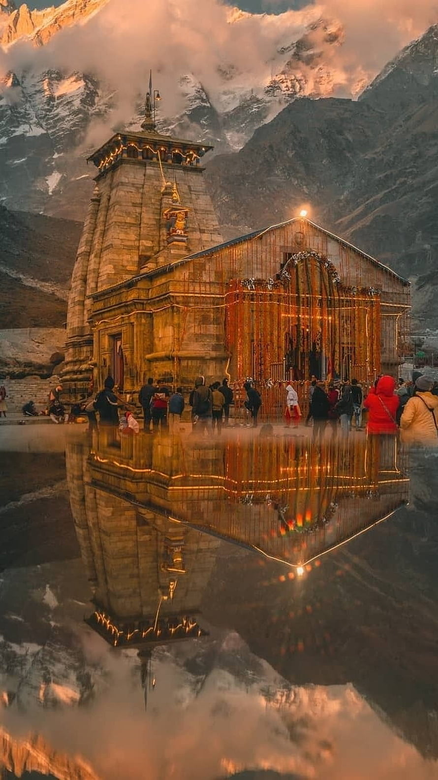Kedarnath Temple Reflection in Water with Snowy Mountains Background HD phone wallpaper