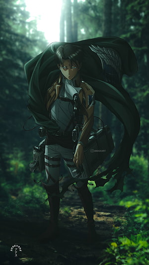 Levi Ackerman in Attack on Titan Standing in a Dark Forest with ODM Gear and Cape, Levi Ackerman, ANASXART, Art, Anime, AOT, Shingeki_no_kyojin, Forest, Levi_Ackerman, Attack_on_titan HD phone wallpaper