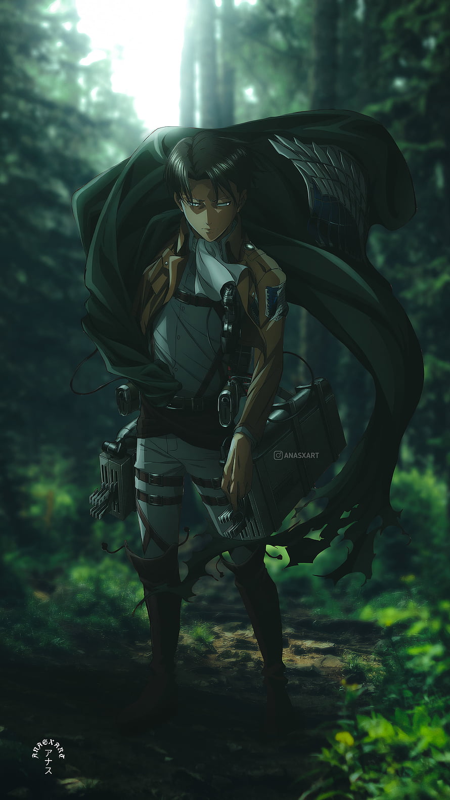 Levi Ackerman in Attack on Titan Standing in a Dark Forest with ODM Gear and Cape, Levi Ackerman, ANASXART, Art, Anime, AOT, Shingeki_no_kyojin, Forest, Levi_Ackerman, Attack_on_titan HD phone wallpaper