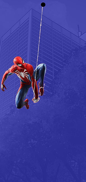Spider-Man Swinging Through a Blue-Tinted Cityscape With Web Line and Skyscraper Background, Notch Hide Spiderman, U Notch HD phone wallpaper