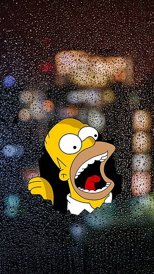 Homer Simpson Screaming Behind Rainy Window with Blurred City Lights HD phone wallpaper
