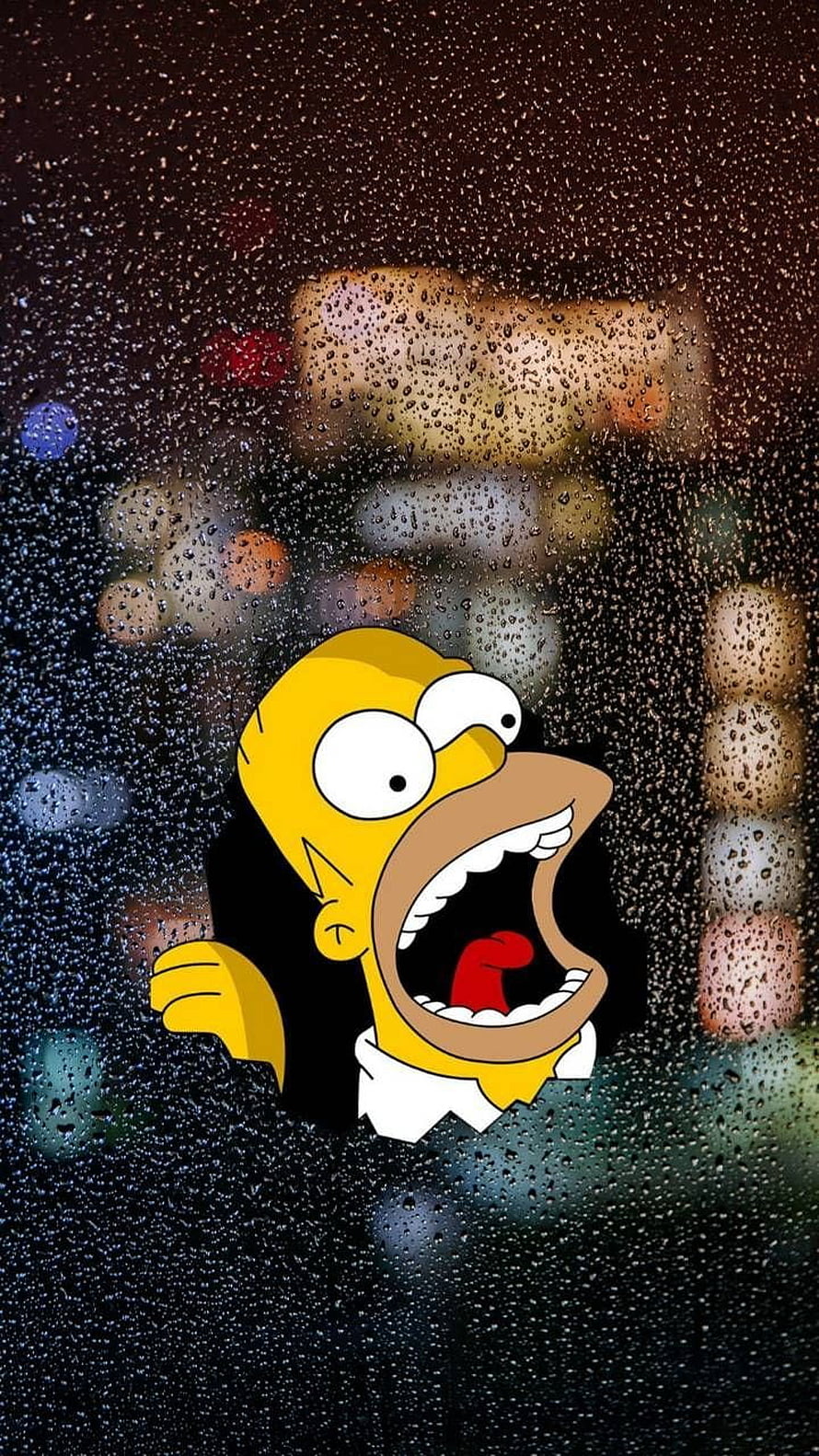 Homer Simpson Screaming Behind Rainy Window with Blurred City Lights HD phone wallpaper