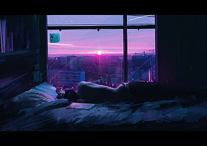 Lofi Anime Girl Sleeping in Messy Room with Neon City Sunset View HD wallpaper