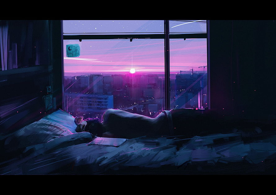 Lofi Anime Girl Sleeping in Messy Room with Neon City Sunset View HD wallpaper