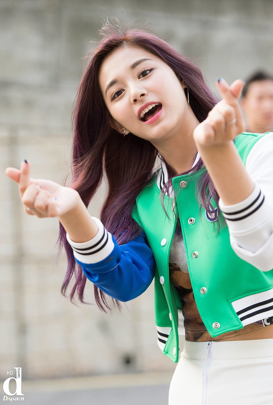Tzuyu from Twice in a green and blue varsity jacket with purple hair HD phone wallpaper