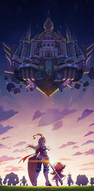 Anime knight and child gazing at floating fantasy castle in twilight sky HD phone wallpaper