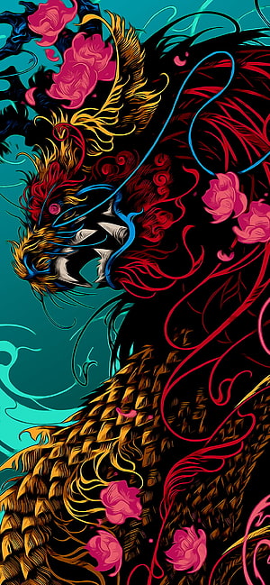 Vibrant Stylized Dragon Head With Golden Scales And Pink Roses HD phone wallpaper