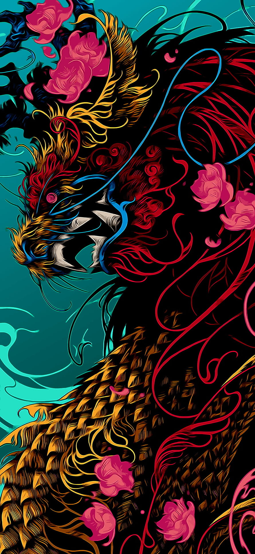Vibrant Stylized Dragon Head With Golden Scales And Pink Roses HD phone wallpaper