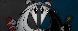 Split-screen cartoon illustration of two bomb characters in wizard hats holding dynamite and a lit fuse HD wallpaper