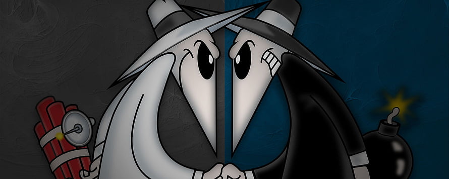 Split-screen cartoon illustration of two bomb characters in wizard hats holding dynamite and a lit fuse HD wallpaper