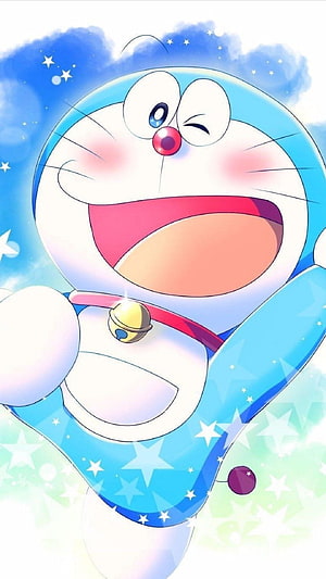 Happy Doraemon Winking With Bell Collar Against Blue Sky And Stars HD phone wallpaper
