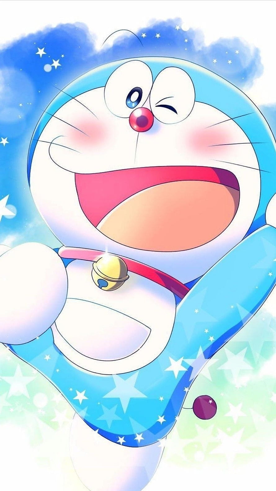 Happy Doraemon Winking With Bell Collar Against Blue Sky And Stars HD phone wallpaper