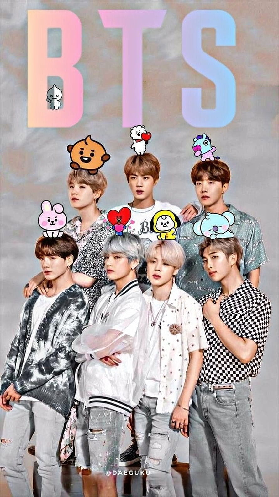 BTS K-pop Group Portrait with BT21 Characters and Pastel Typography HD phone wallpaper