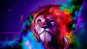 Vibrant Neon Lion Portrait with Cosmic Color Explosion and Abstract Digital Art HD wallpaper
