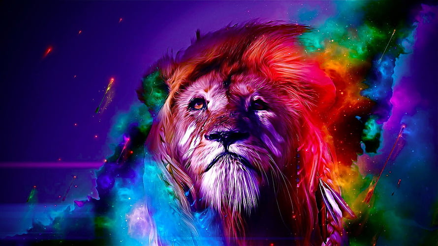Vibrant Neon Lion Portrait with Cosmic Color Explosion and Abstract Digital Art HD wallpaper