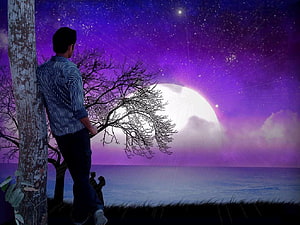 Lone Man Leaning Against Tree Under Purple Starry Night Sky With Full Moon, Facebook : love. Psychic love reading, Alone boy , Romantic, Alone Love Sad HD wallpaper