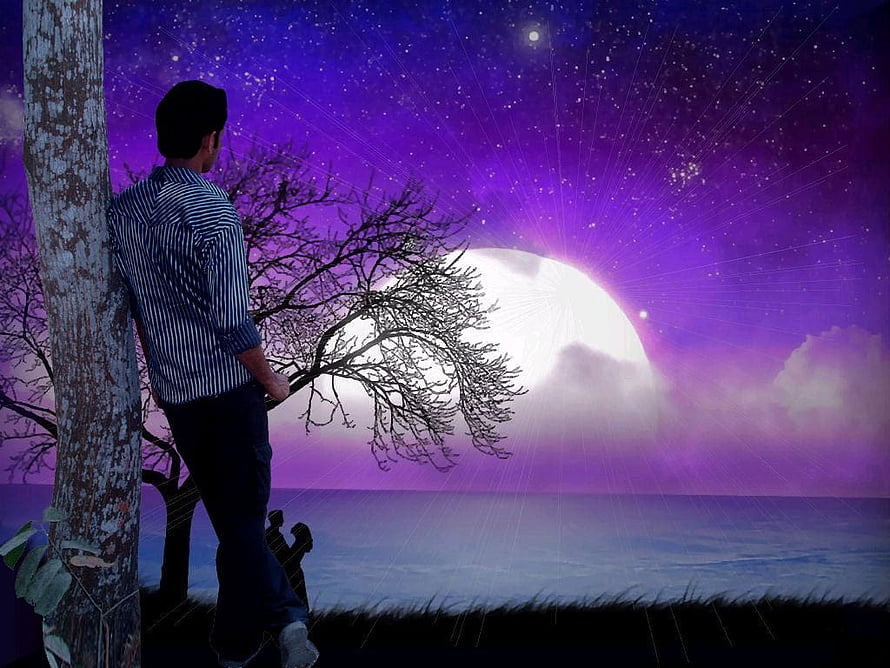 Lone Man Leaning Against Tree Under Purple Starry Night Sky With Full Moon, Facebook : love. Psychic love reading, Alone boy , Romantic, Alone Love Sad HD wallpaper
