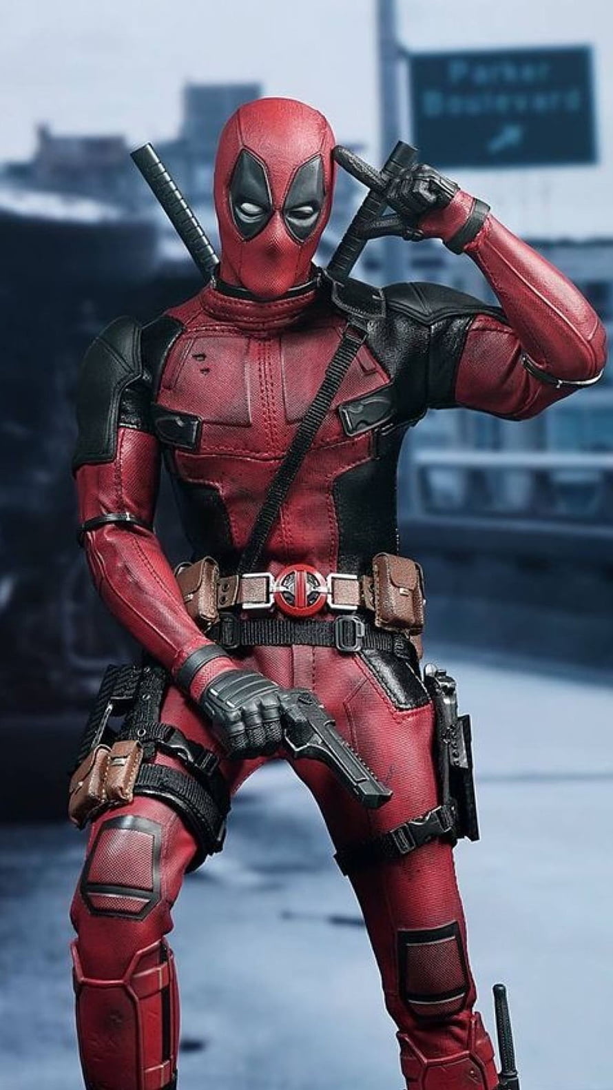 Deadpool in Red and Black Suit Holding Pistol with Dual Swords on Back HD phone wallpaper