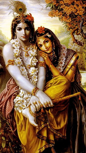 Radha and Krishna Sitting Together Under a Flowering Tree with Peacock HD phone wallpaper