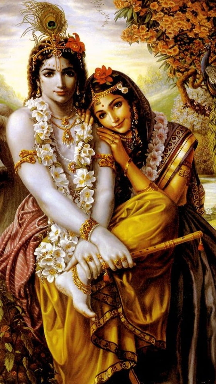 Radha and Krishna Sitting Together Under a Flowering Tree with Peacock HD phone wallpaper