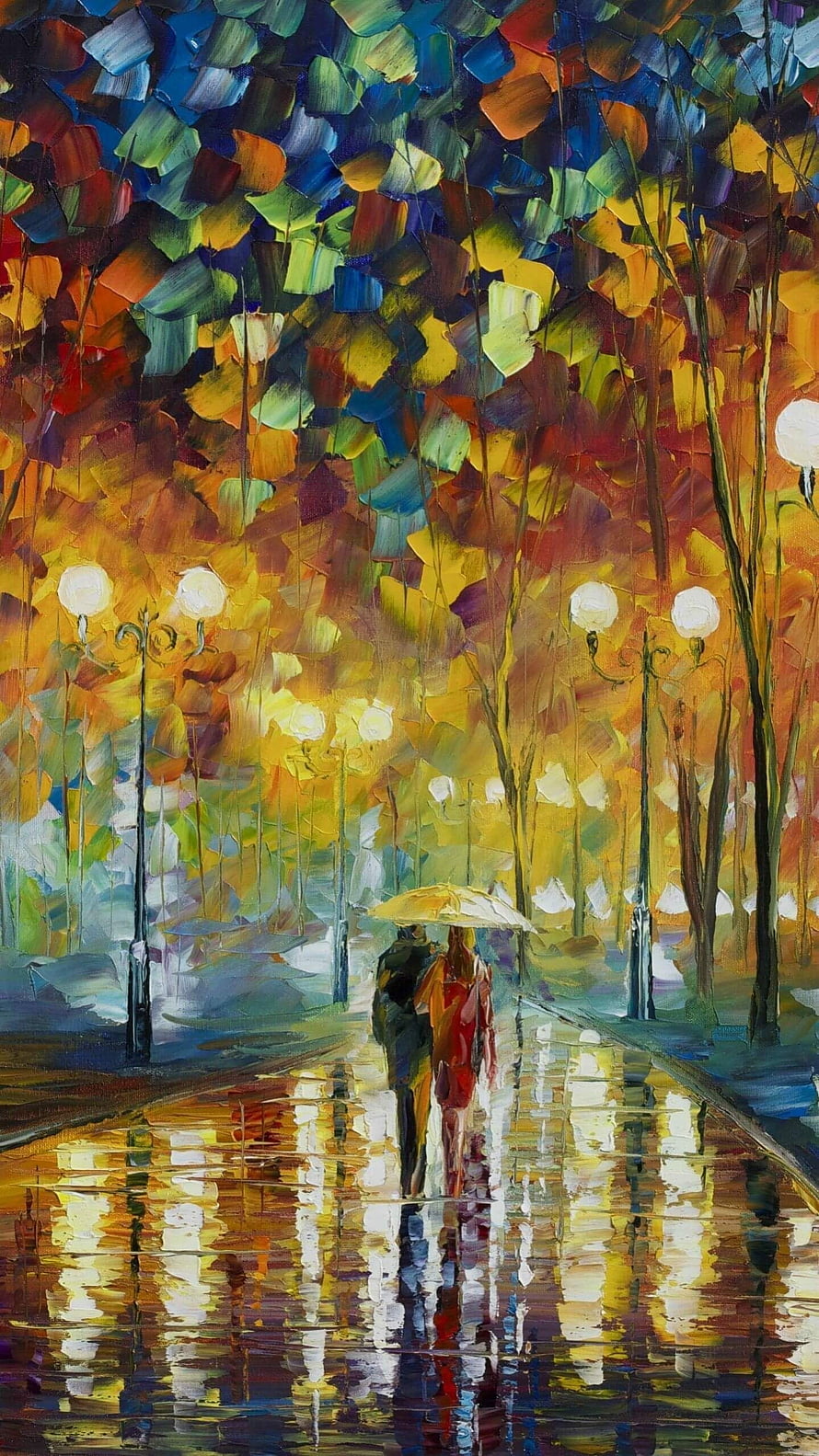 Impressionist Autumn Park Scene with Couple Walking Under Umbrella on Rainy Path HD phone wallpaper