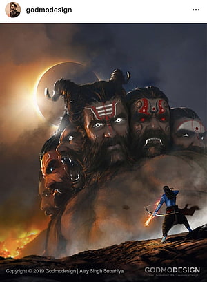 Lord Rama battles the multi-headed demon Ravana in a dramatic fantasy illustration with a solar eclipse backdrop HD phone wallpaper