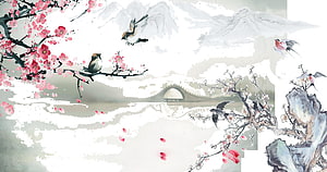 Traditional Chinese Ink Wash Painting with Cherry Blossoms, Birds, and Arched Bridge HD wallpaper