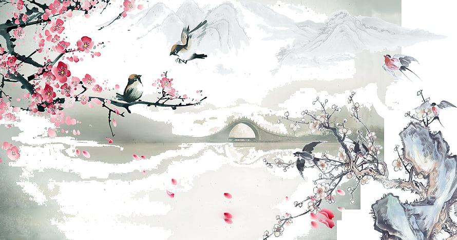 Traditional Chinese Ink Wash Painting with Cherry Blossoms, Birds, and Arched Bridge HD wallpaper