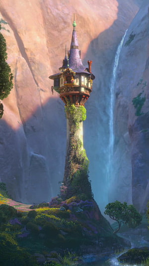 Tangled Rapunzel Tower in Enchanted Forest with Waterfall and Wildflowers HD phone wallpaper