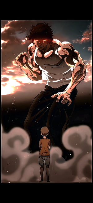 Giant Muscular Man With Glowing Eyes Looming Over Small Boy In Dramatic Sunset, Baki hanma, art, cartoon HD phone wallpaper