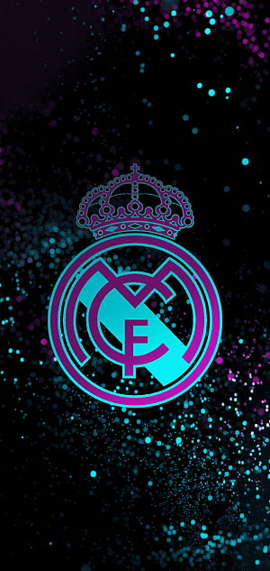 Real Madrid Club Crest in Neon Cyan and Magenta on Dark Particle Background HD phone wallpaper