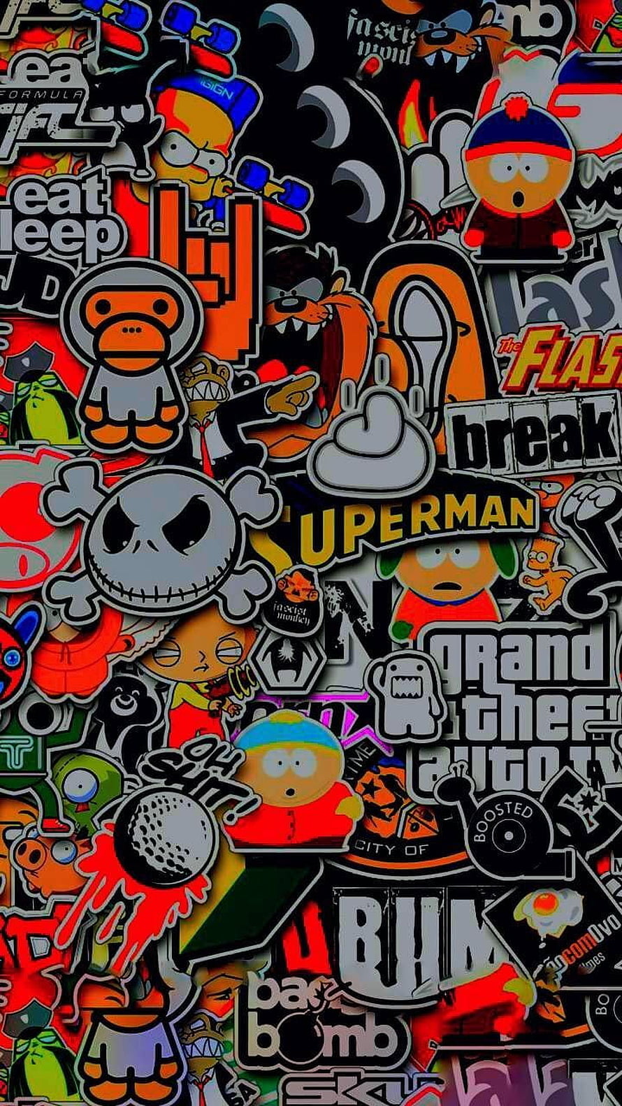 Collage of Pop Culture Stickers Featuring South Park, Jack Skellington, and GTA Logos HD phone wallpaper