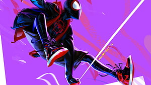 Miles Morales Spider-Man in dynamic pose wearing black and red suit with sneakers against vibrant purple background, Miles Morales Into The Spider Verse , Spider Man Purple HD wallpaper