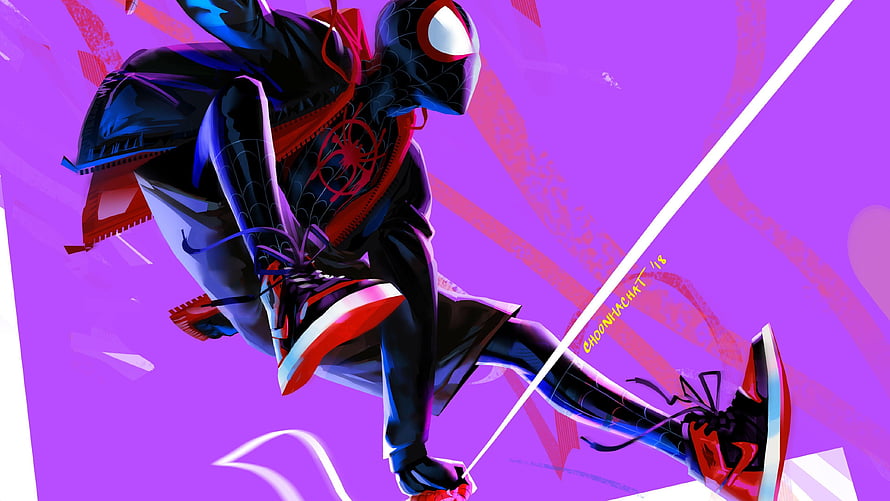 Miles Morales Spider-Man in dynamic pose wearing black and red suit with sneakers against vibrant purple background, Miles Morales Into The Spider Verse , Spider Man Purple HD wallpaper