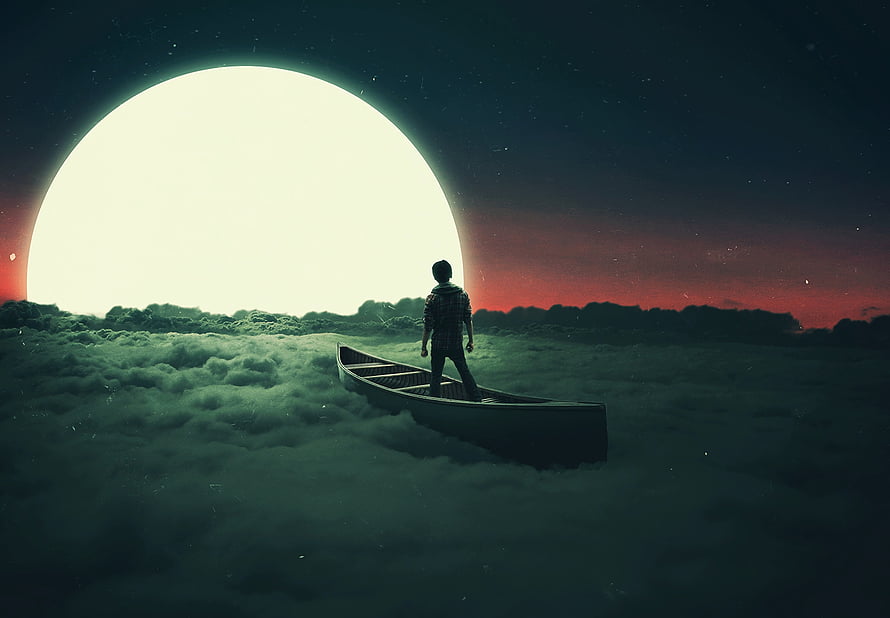Surreal digital art of a lone figure in a canoe drifting across a sea of clouds toward a massive glowing moon HD wallpaper