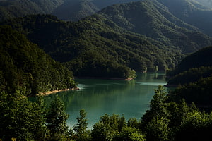 Serene Turquoise Lake Surrounded by Lush Green Forested Mountains HD wallpaper