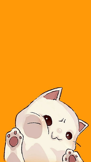 Cute White Cartoon Cat Winking with Paw Raised on Orange Background HD phone wallpaper