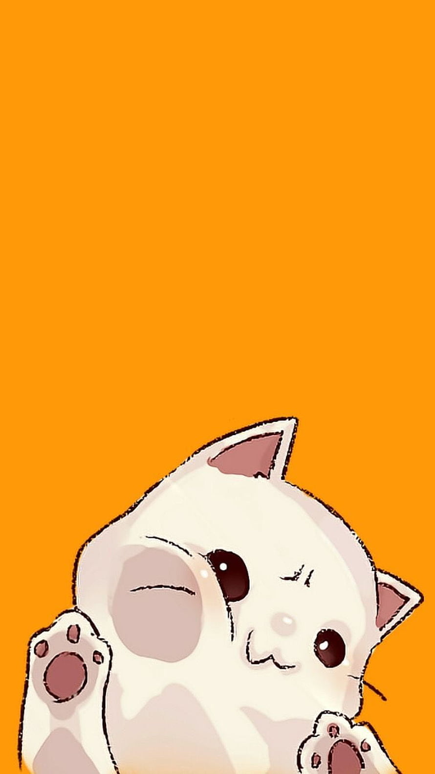 Cute White Cartoon Cat Winking with Paw Raised on Orange Background HD phone wallpaper