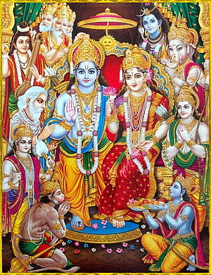Vishnu and Lakshmi Darbar with Hindu Deities and Devotees in Traditional Indian Art HD phone wallpaper