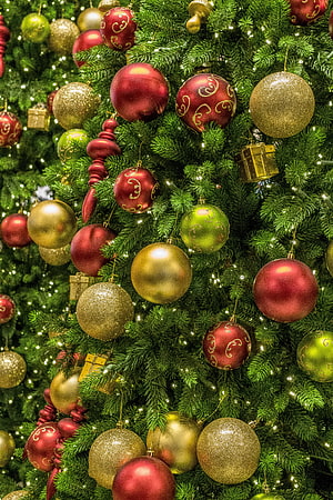 Close-up of a Christmas tree decorated with red, gold, and green baubles and small gift boxes HD phone wallpaper